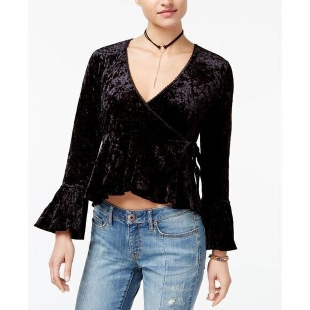 NWT American Rag Cie Crushed Velvet Black Faux Wrap Top Flared Sleeve Tie Size M